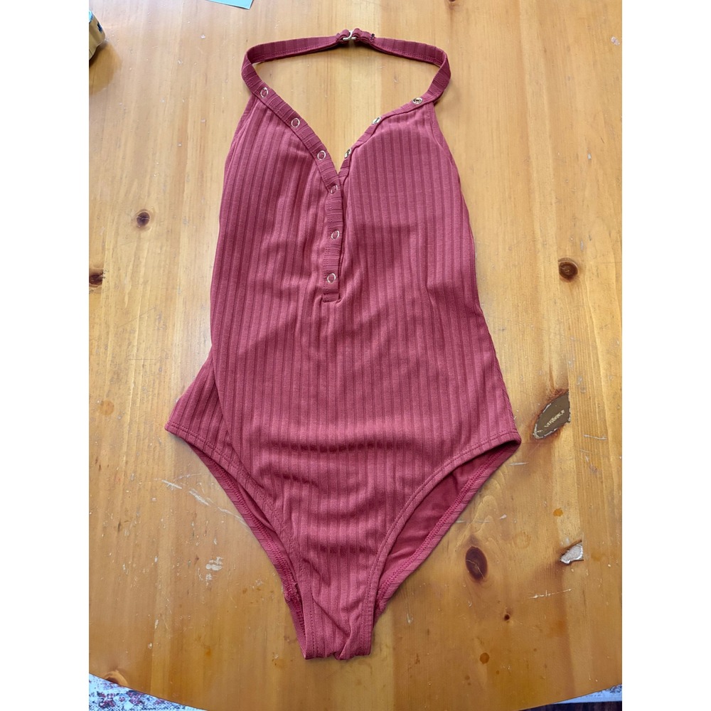 No‎ Boundaries Women Ribbed Halter Bodysuit Rust Orange Snap Front Size S 3-5